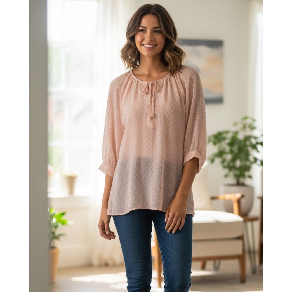 Matilda Jane Mae Sheer Blouse Top Womens Large Blush Swiss‎ Dot 3/4 Sleeves
